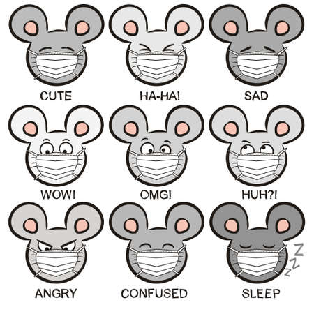 Mouse emoji in a protective mask. Funny hand drawn mouses in quarantine. Animals vector illustration. Doodle mouse.のイラスト素材