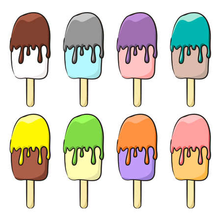 Set of hand drawn ice cream isolated on white background. Multi-colored ice cream of different tastes in doodle style. Vector illustration for decoration of menus, cafes, restaurants and pastry shops.のイラスト素材