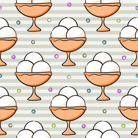 Seamless hand drawn summer pattern. Cute background with ice cream in aa bowl. The vector illustration on the theme of summer, sun, heat and relaxation.のイラスト素材