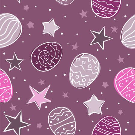 Hand-drawn pattern with easter eggs and stars. Colored spots on the lilac background. Seamless Easter vector pattern in doodle style.のイラスト素材