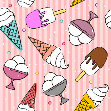 Seamless hand drawn summer pattern. Cute background with ice cream in a cone, a bowl. The vector illustration on the theme of summer, sun, heat and relaxation.のイラスト素材
