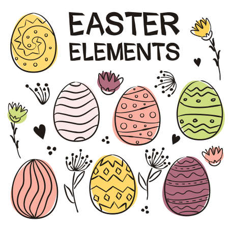 Set for easter decoration. Painted eggs and flowers in doodle style. Multi-colored watercolor stains. Vector elements for the design of Easter cards, posters and banners.のイラスト素材