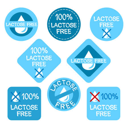A set of stickers for culinary products not containing lactose. Lactose free icons. Crossed drop of milk. Vector  for web design, banners and posters.のイラスト素材
