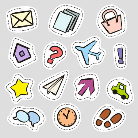 Set of stickers with hand-drawn icons. Pictures in doodle style. Email, house, car, arrow and other pictograms. Vector illustration for banner design, web design, badges and labels.のイラスト素材