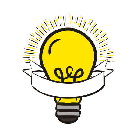 Hand-drawn light bulb wrapped in a white ribbon for text.  , notes, quick response. Vector illustration on the topic of rules, the generation of new ideas, announcements and web design.のイラスト素材