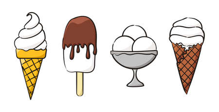 Hand-drawn pictures of ice cream types. Waffle cone,  ice cream balls in a bowl isolated on white background. Vector illustration for decoration of a cafe, menu, restaurant, holiday.のイラスト素材