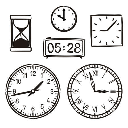 Set of hand-drawn watches isolated on a white background. Different types of watches in doodle style. Dials, hourglass and electronic clock. Vector illustration.のイラスト素材