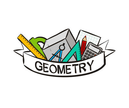 Education Poster in hand drawn style. Geometric and Maths elements whith white ribbon for text. Vector Template for design on the theme of training, education, maths, university, school, collegeのイラスト素材