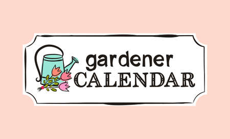Header for the gardener's calendar. Hand-drawn watering can and a bouquet of tulips in a frame. Spring vector illustration for the design of the website header, banner, poster or card.のイラスト素材