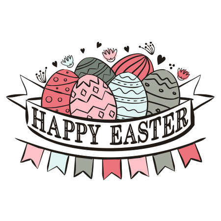 A basket of painted Easter eggs wrapped in a white ribbon that says "Happy Easter." Isolated on white background. Colorful flags and flowers. Vector illustration for the cards, posters and bannersのイラスト素材