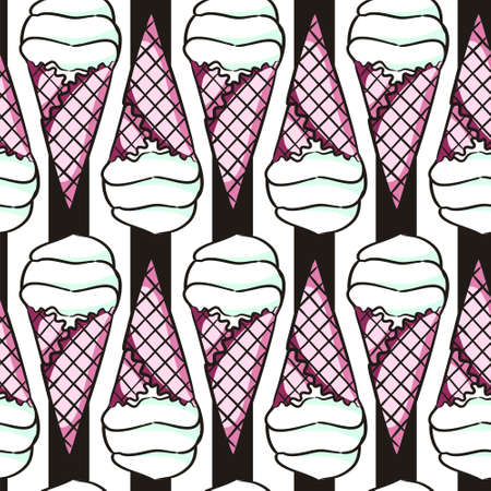 Seamless hand drawn summer pattern. Pink and black background with ice cream in a cone. The vector illustration on the theme of summer, sun, heat and relaxation.のイラスト素材