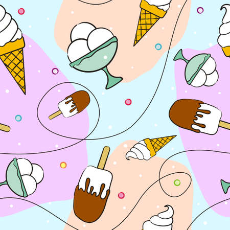 Seamless hand drawn summer pattern. Cute background with ice cream in a cone, a bowl . The vector illustration on the theme of summer, sun, heat and relaxation.のイラスト素材