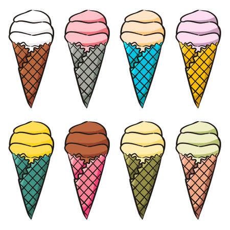 Set of hand-drawn waffle cones with ice cream isolated. Multi-colored ice cream of different tastes in doodle style. Vector illustration for decoration of menus, cafes, restaurants and pastry shops.のイラスト素材