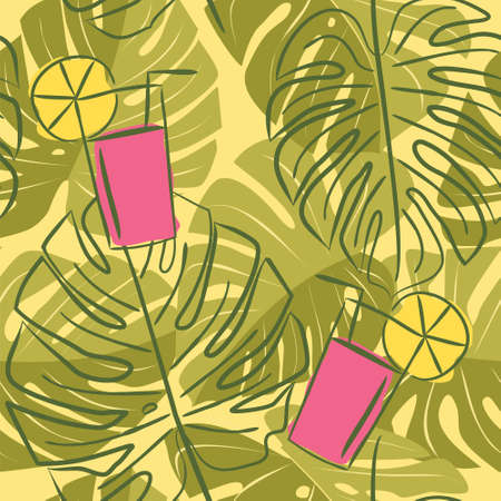 Seamless pattern with monstera leaves and lemonade. Yellow green jungle background. Summer vector illustration.のイラスト素材