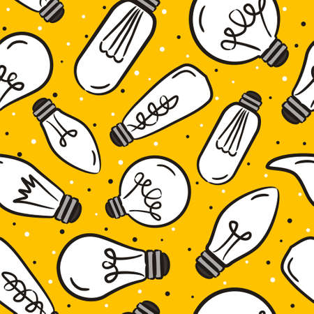 Seamless pattern of hand-drawn light bulbs. Hand made lamps for decorating kids' posters, web and applications. Vector doodle style illustration on electricity, decor and good ideas.のイラスト素材
