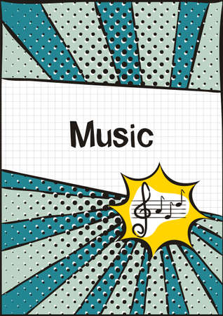 Cover for a school notebook or music textbook. School Pattern in bright pop art style. Hand-drawn icon of stave and treble clef with notes. Blank for educational or scientific poster.のイラスト素材