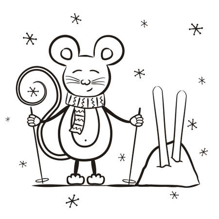 Children's contour coloring. A mouse in a scarf and skiing on a background of snowdrifts and snowflakes. Vector illustration for children's decor, cards, posters and books.のイラスト素材
