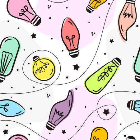 Seamless pattern of hand-drawn light bulbs. Hand made lamps for decorating kids' posters, web and applications. Vector doodle style illustration on electricity, decor and good ideas.のイラスト素材