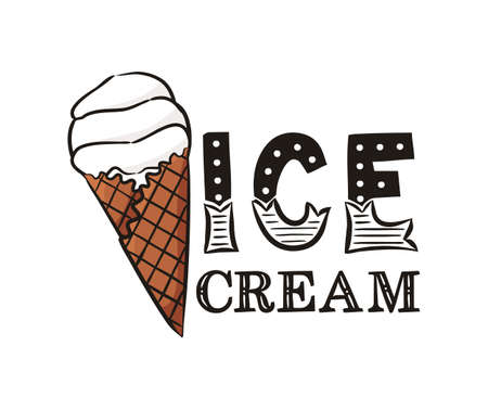 Hand-drawn icon of ice cream in Waffle cone. Lettering  for a cafe or restaurant. Vector illustration for decoration of a menu, poster or banner.のイラスト素材