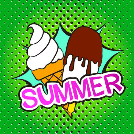 Bright summer illustration in popart style.  ice creams on the background of the explosion. Bright green dotted background. Vector template for banner or poster.のイラスト素材