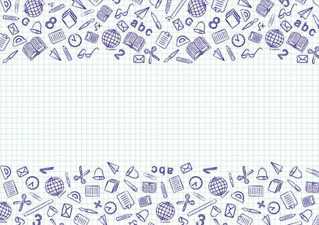 Pattern with school elements. School frame for designing a schedule, newspaper, website, magazine or poster. Hand drawn vector school icons on cell background.のイラスト素材