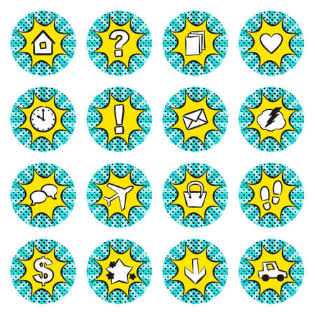 A set of 16 icons for stories and social profiles in the style of pop art. Bright round pictograms with a explosion inside for banners, applications and web design. Vector illustration.のイラスト素材