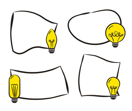 Hand-drawn stickers with yellow lightbulb. Quick Tips badge isolated on white background. Vector illustration on the topic of rules, the generation of new ideas, announcements and web banners.のイラスト素材