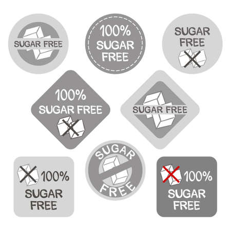 A set of stickers for sugar-free culinary products. Sugar free icons. Crossed out white refined cubes. Vector  for web design, banners and posters.のイラスト素材