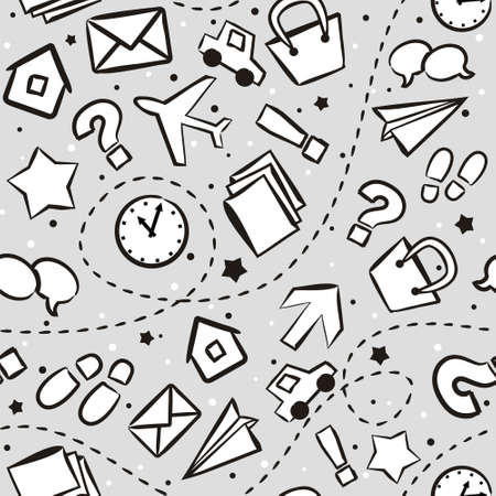 Seamless vector pattern of hand-drawn icons. Black and white doodle background. Vector illustration for banner design, web design, covers and backdrops.のイラスト素材