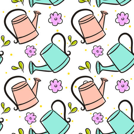 Seamless spring pattern with cute watering cans and flowers. Hand-drawn cute garden elements. Illustration on the theme of spring, gardening, planting and beds.のイラスト素材