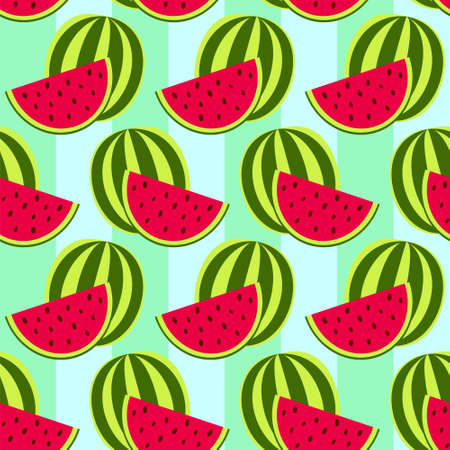 Seamless vector pattern with watermelons. Bright green and red slices of watermelons on a blue striped background. Summer illustrationのイラスト素材
