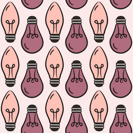 Seamless pattern of hand-drawn light bulbs. Hand made lamps for decorating kids' posters, web and applications. Vector doodle style illustration on electricity, decor and good ideas.のイラスト素材