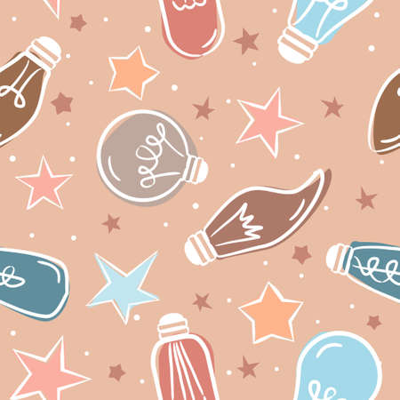 Seamless pattern of hand-drawn light bulbs. Hand made lamps for decorating kids' posters, web and applications. Vector doodle style illustration on electricity, decor and good ideas.のイラスト素材