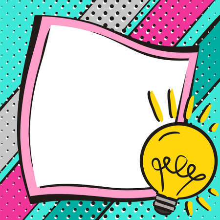 Bright comic empty speech bubble in popart style. White box for text with lightbulb. Square web banner for social media post template. Vector illustration, vintage design.のイラスト素材
