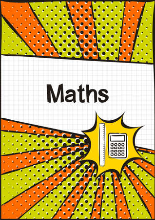 Cover for a school notebook or math textbook. School Pattern in bright pop art style. Hand-drawn calculator and ruler icons. Blank for educational or scientific poster.のイラスト素材