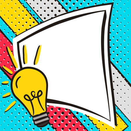 Bright comic empty speech bubble in popart style. White box for text with lightbulb. Square web banner for social media post template. Vector illustration, vintage design.のイラスト素材