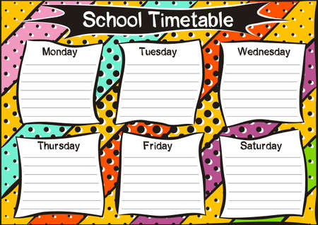Bright template of a school schedule for 6 days of the week for students. Blank for a list of school subjects. Vector illustration in popart styles.のイラスト素材