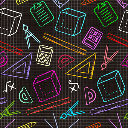Seamless doodle pattern with school elements on blackboard. Vector background. Maths pattern on page from a notebook in a cage.のイラスト素材
