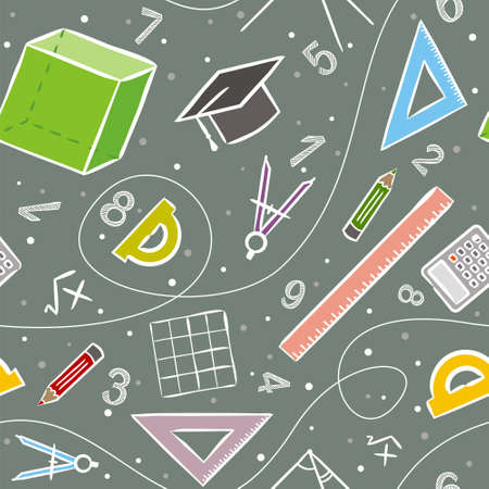 Seamless doodle pattern with school elements. Pattern with mathematical objects: ruler, square, calculator, compass and others. Vector background.のイラスト素材
