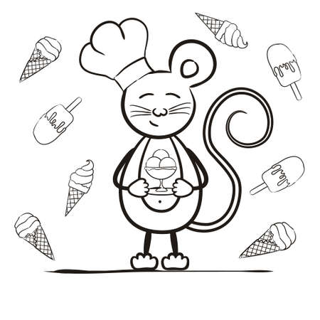 Children's contour coloring. A pastry mouse holds a bowl of ice cream. Culinary postcard for cafe and restaurant. Vector illustration for children's decor, cards, posters and books.のイラスト素材