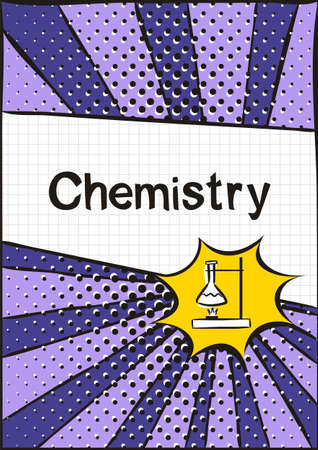 Cover for a school notebook or chemistry textbook. School Pattern in bright pop art style. Hand-drawn burner icon with flask and chemical experience. Blank for educational or scientific poster.のイラスト素材