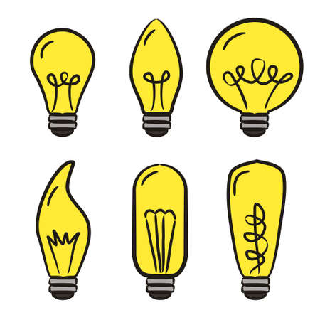 Set of hand-drawn light bulb icons isolated on white background. Hand made lamps for decoration of postcards, stickers, web and applications. Vector doodle style illustration on electricity, decor andのイラスト素材