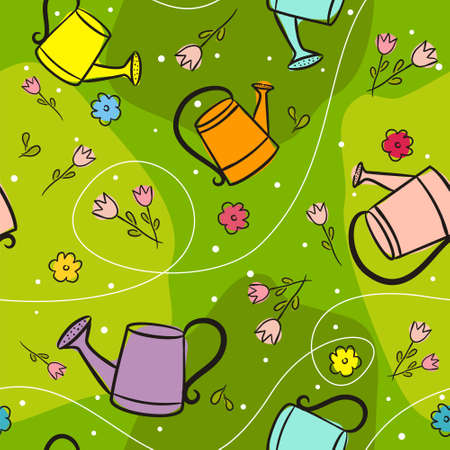 Seamless pattern with cute watering cans and tulips on bright green background. Hand-drawn cute garden elements. Illustration on the theme of spring, gardening, planting and beds.のイラスト素材