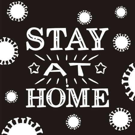 Lettering of the phrase stay home in chalk style. White molecules of coronavirus on blackboard. Vector illustration on the topic of quarantine, protection and self-isolation during an epidemic.のイラスト素材