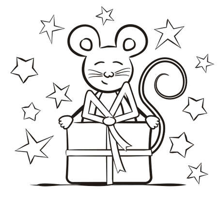 Children's contour coloring. A mouse with a huge gift on a background of stars. Vector illustration for children's decor, cards, posters and books.のイラスト素材