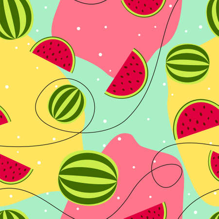 Seamless vector pattern with watermelons. Bright green and red slices of watermelons on a spotted background. Summer illustrationのイラスト素材