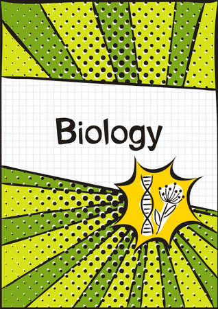 Cover for a school notebook or biology textbook. School Pattern in bright pop art style. Hand-drawn icon of dna and flower. Blank for educational or scientific poster.のイラスト素材