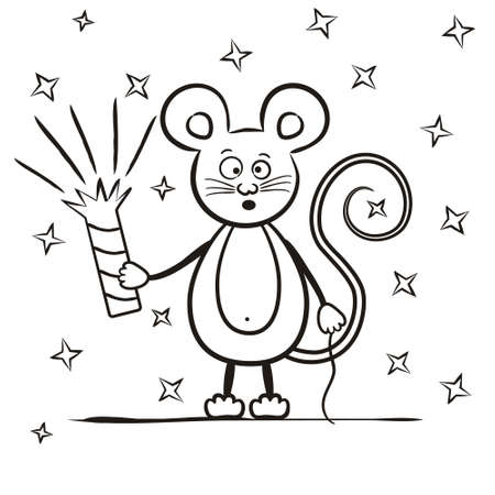 Children's contour coloring. A mouse with an exploding firecracker and fireworks against the background of stars. Vector illustration for children's decor, cards, posters and books.のイラスト素材