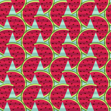 Seamless vector pattern with watermelons. Bright green and red slices of watermelons on a striped background. Summer illustrationのイラスト素材
