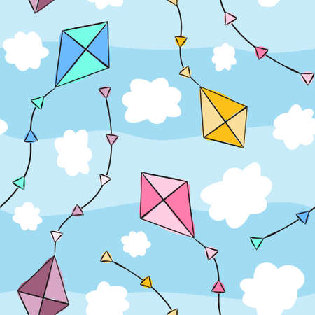 Seamless pattern with blue sky, white clouds and kites. Hand-drawn children`s background. Vector illustration for baby design, posters, cards.のイラスト素材